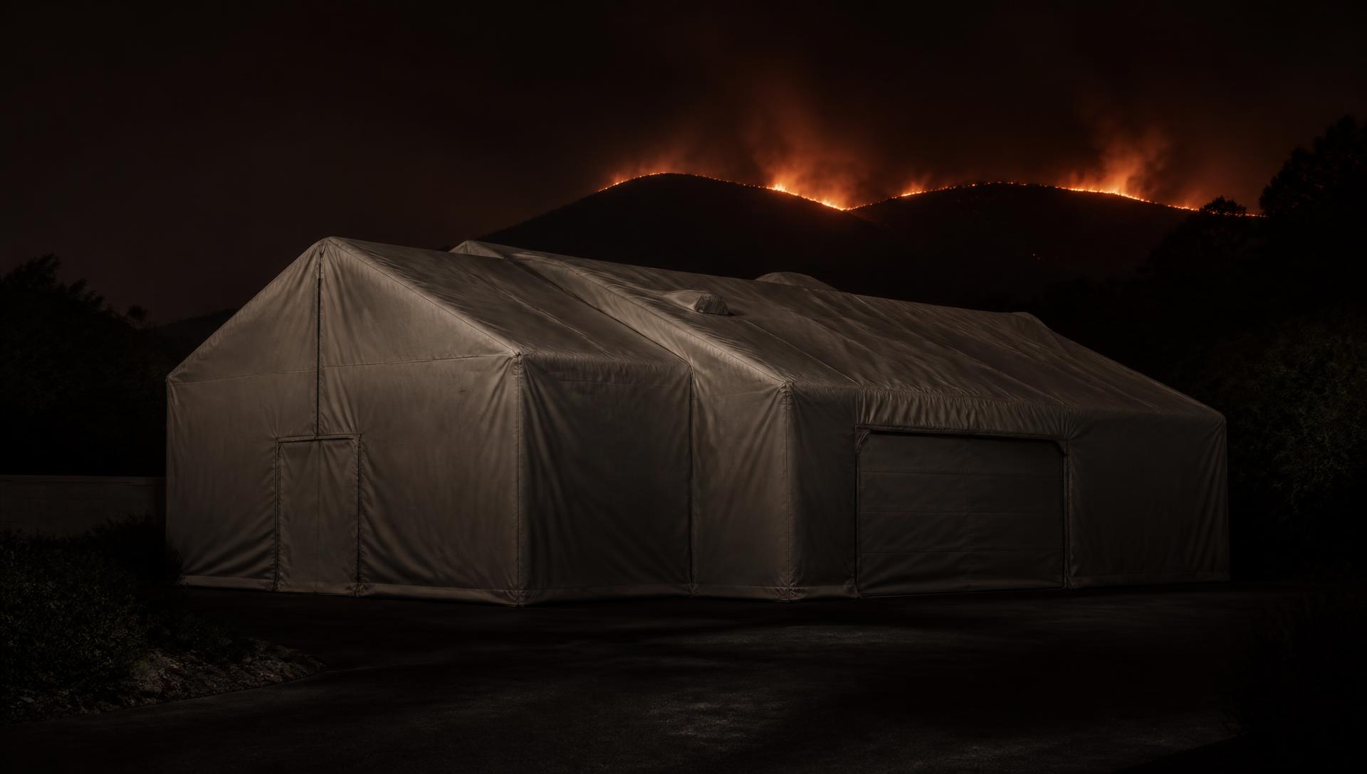 Conceptual render of a home covered by a BlazeShell envelope at night with wildfire on a distant ridge