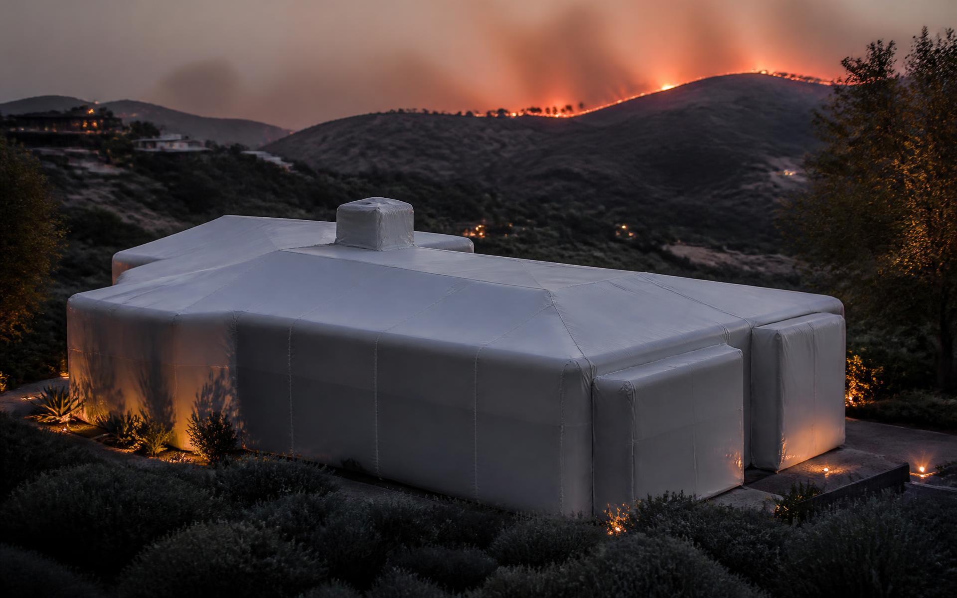 Conceptual render of a hillside home fully covered by a BlazeShell protective envelope as wildfire burns on a distant ridge
